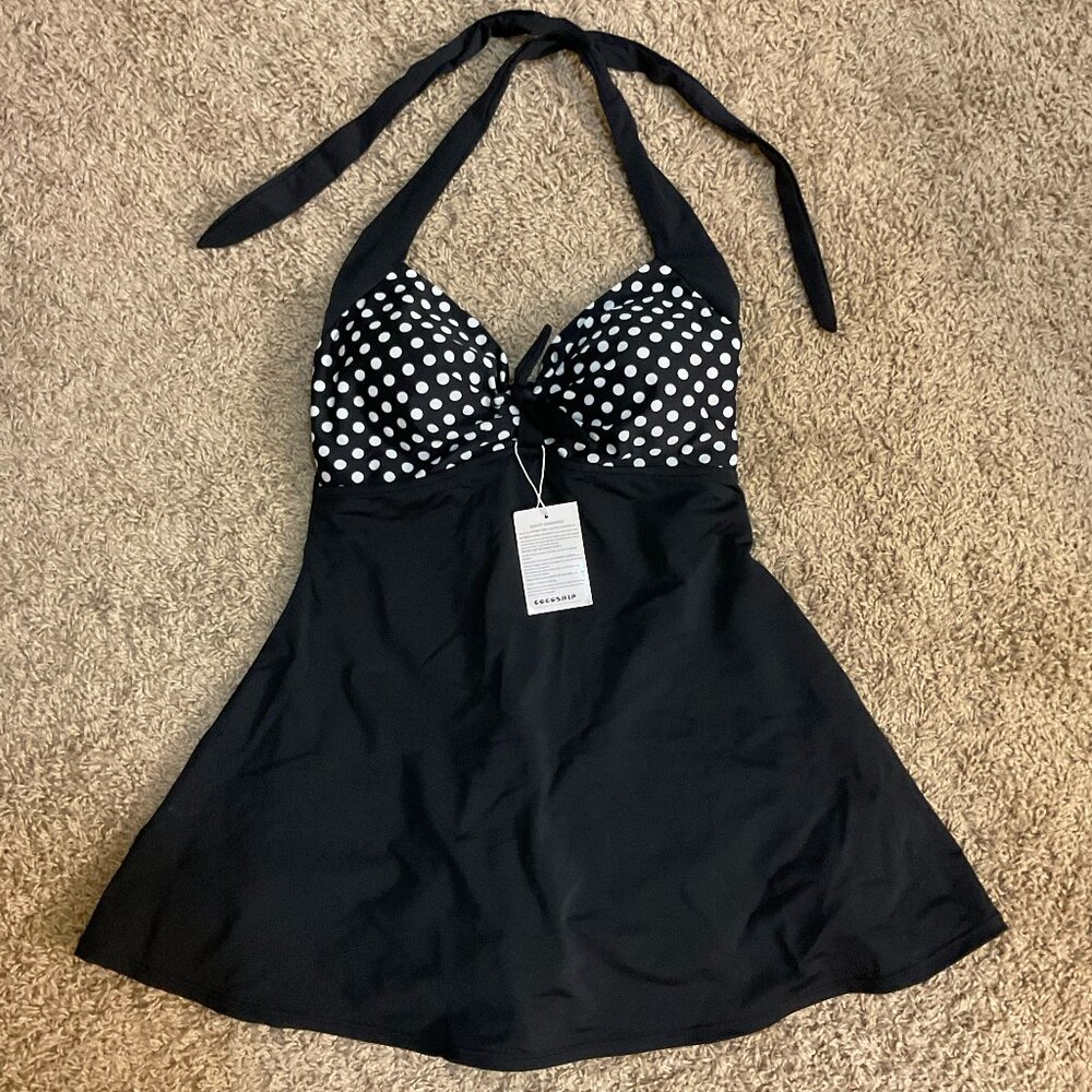 NWT Vintage Style Polka Dot Halter Neck Swim Dress, Black/White, Size XL/12-14 - Picture 3 of 10